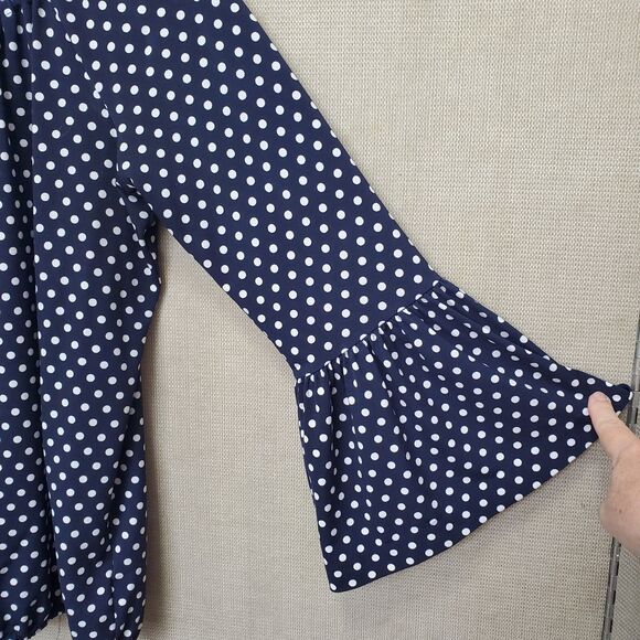 Michael Kors Navy Polka Dot Elastic Waist Bell Sleeve Blouse Size PL - Picture 2 of 7